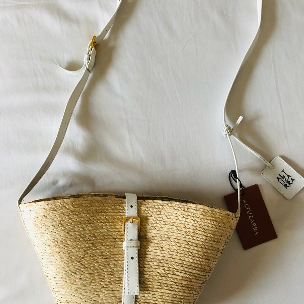 Altuzarra Straw Crossbody with White Leather Trim and Gold Buckle